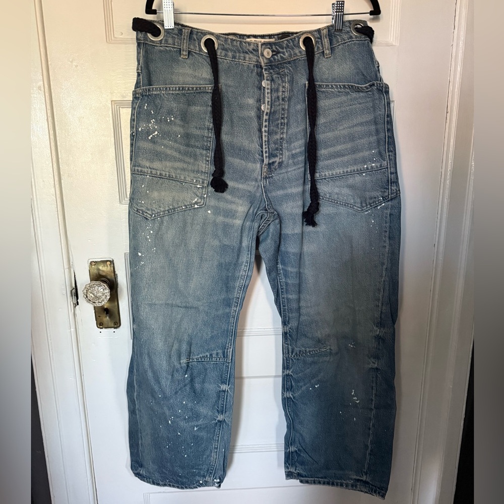 We The Free Light Blue Barrel Jeans with White Splatter paint effect